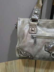 Stylish Grey Leather Handbag with Studs