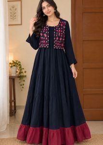 Elegant Navy Maxi Dress with Embroidered Jacket