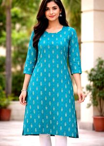 Teal Kurta with Print &amp; Mirror Work