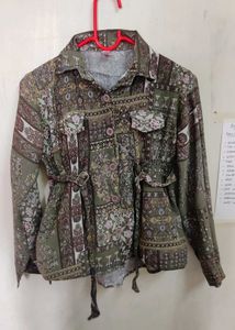 Bohemian Print Belted Long Sleeve Top