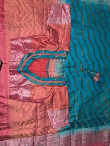 Designer Silk Blouse with Teal Saree