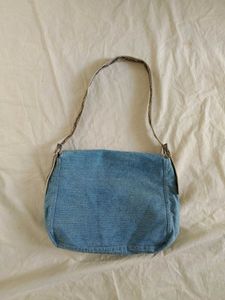 Denim Shoulder Bag with Snake Print Accent