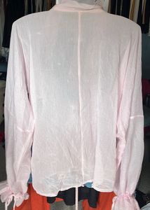Sheer Pink Blouse with Pearl Trim