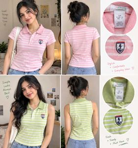 🌸 Pink & Green Striped Polo t-shirt Combo Set 🌸
