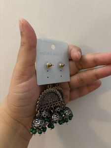 Oxidised Jhumka Earrings with Green Beads