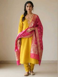 Elegant Yellow Kurta Set with Pink Dupatta