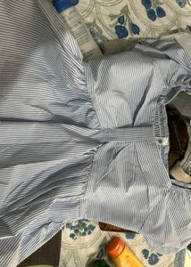 Blue Striped Puff Sleeve Peplum Top