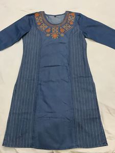 Stylish Embroidered Denim Kurta