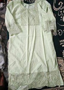 Pastel Green Embroidered Kurti | Elegant Long Stra