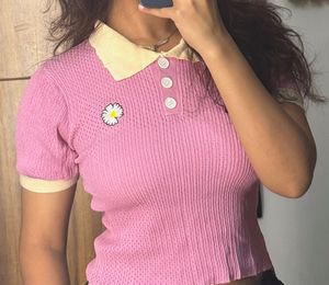 Cute Pink Daisy Knit Polo Top