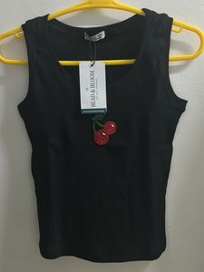Black Ribbed Tank Top with Cherry Embellishment