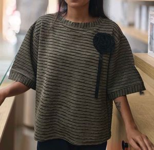 Chic Striped T-Shirt with Rose Detail