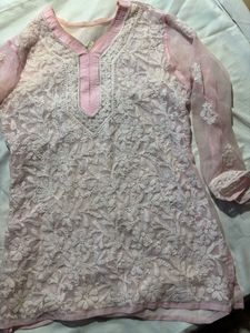 pink chikankari short kurti