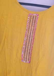 Sun Yellow Cotton Anarkali Frock with Intricate Ge