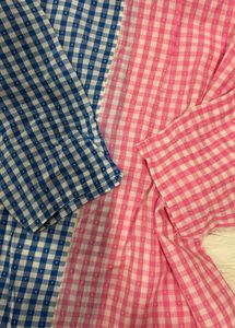 gingham/checked snatched pink and blue shirt