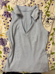 Light Blue Ribbed Collared Tank Top