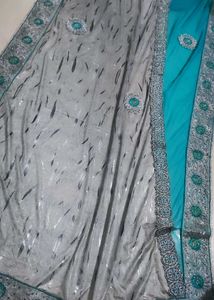 Elegant Grey &amp; Teal Saree with Blouse