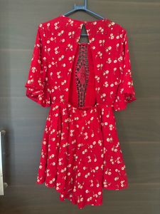 Red Floral Crochet Cut-Out Mini Romper Dress