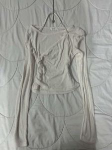 stylish Cream Ribbed Long Sleeve Top