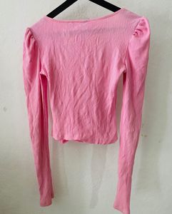 Pink Ribbed Square Neck Puff Sleeve Top