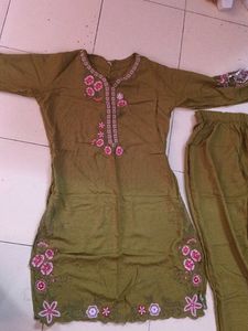 Olive Green Embroidered Kurta Set