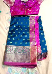 Traditional Indian Blue Silk Saree with Pink Blous