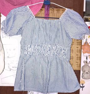 Blue Striped Puff Sleeve Top