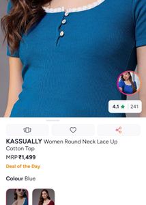 round neck teal blue lase embllised cotton top