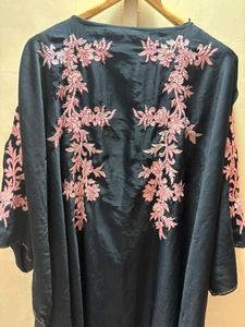 Elegant Black Kaftan with Pink Embroidery