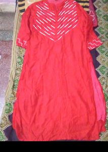 Red Cotton Kurta with White Embroidery