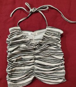 Striped Ruched Halter Neck Crop Top