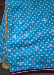 Blue Saree with Polka Dots &amp; Embroidery