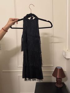 Black Fringe Halter Mini Dress