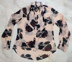Sheer Floral Print Button-Up Blouse