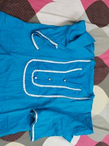 Blue Kurta with White Lace Trim