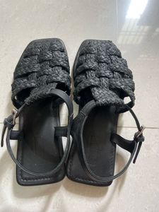 Black Woven Strap Flat Sandals