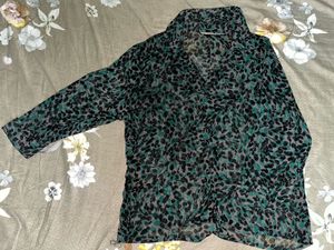 Sheer Leaf Print Button-Up Top