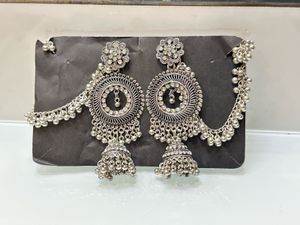 Oxidized Jhumka Earrings with Chain
