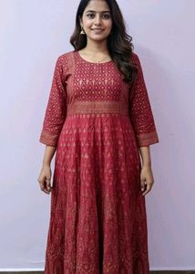 xxl full flared Red gold Printed Kurta