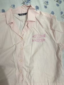 Cute Pink Fish Embroidered Button-Up Shirt