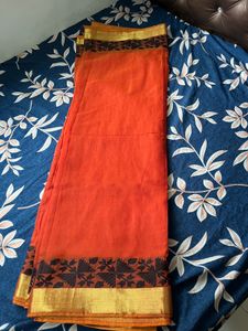 Orange &amp; Black cotton Saree with blouse