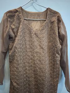 Brown Kurta Suit Set With Dupatta & Pajama