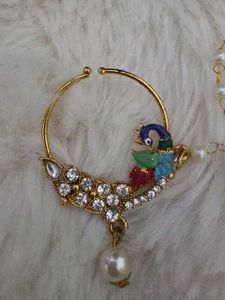 Gold Peacock Nath with Pearl &amp; Crystals