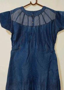 Denim Blue Short Sleeve Top with Sheer Yoke Detail