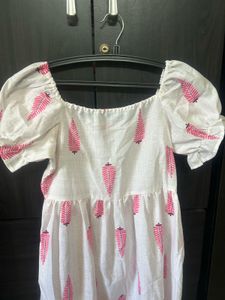White Cotton Dress with Pink Leaf Print