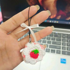 Crocheted Strawberry Cake Charm Keychain