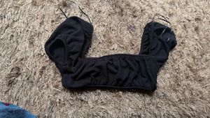 Black Puff Sleeve Square Neck Crop Top