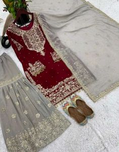 Maroon &amp; Grey Embellished Salwar Kameez🎀