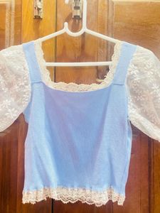 Blue Puff Sleeve Lace Crop Top
