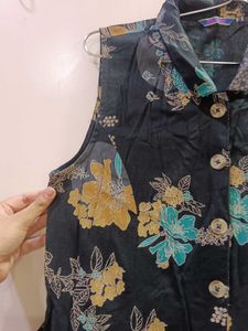 Floral Sleeveless Long Shirt  Dress Like One Piece